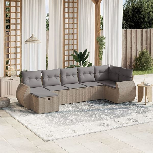 vidaXL 7-teilig Garten-Sofagarnitur mit Kissen Beige Poly Rattan, 3264125