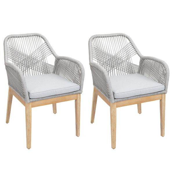 Mendler 2er-Set Gartenstuhl HWC-H56b, Sessel Outdoor, wetterfest Seilgeflecht Rope Holz Akazie, hellgrau Kissen hellgrau, 2x110412