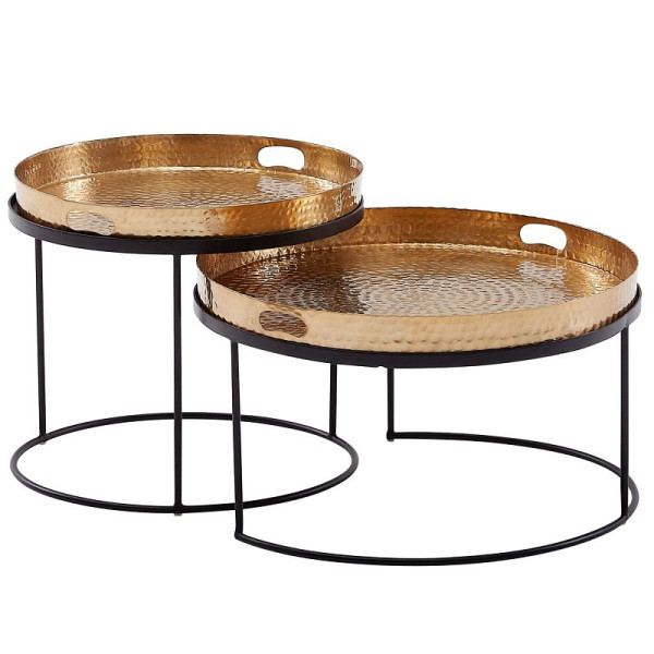 Wohnling Couchtisch 2er Set Gold/Schwarz Metall Hammerschlag Satztisch Rund, Sofatisch abnehmbares Tablett, Tabletttisch Sofa 2 teilig Modern, WL6.461