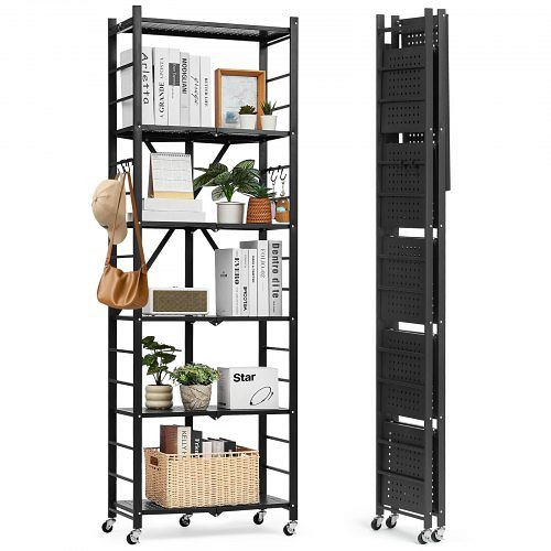 VEVOR 6 Etagen Klappregal mit Rädern, 30x61x183 cm, Falt-Schwerlastregal, montagefrei, Metall, schwarz, YDKZDHJHS6C16QFT1001V0