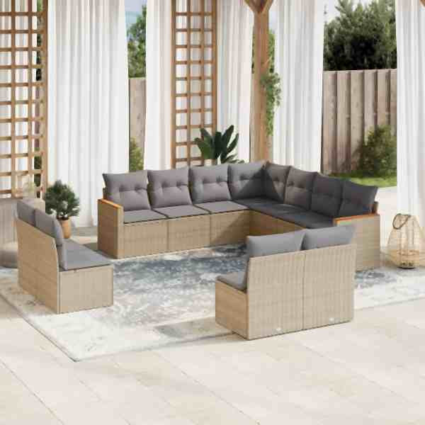 vidaXL 11-tlg. Garten-Sofagarnitur mit Kissen Beige Poly Rattan, UV-beständig, 3258489