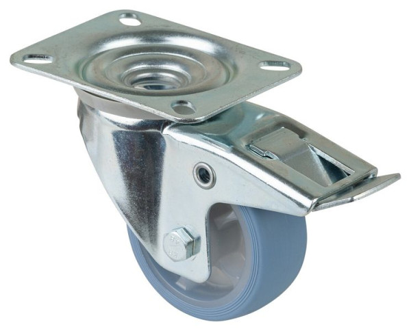 BS Rollen Transportrolle Lenkrolle mit Festeller, thermoplastisches Gummirad, Reifen lichtblau, Rollenlager, Platte, 80 mm, VE: 4 Stück, L420.B44.081.05