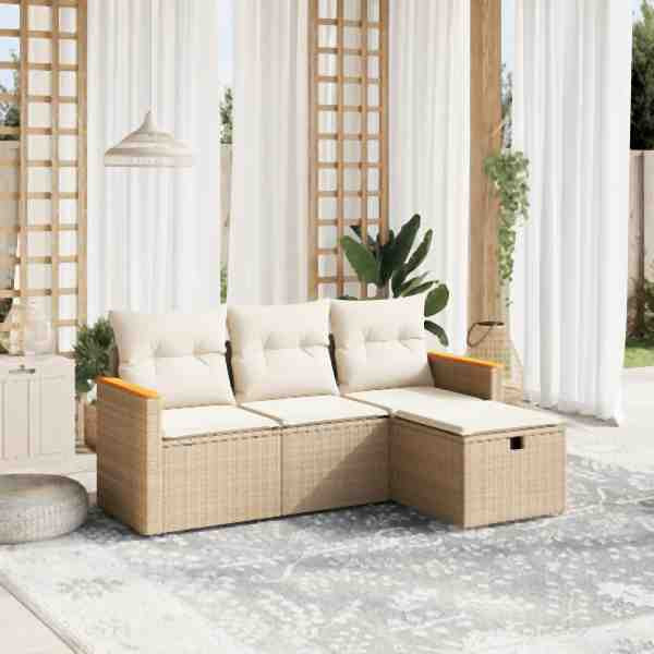 vidaXL 4-tlg. Garten-Sofagarnitur mit Kissen Beige Poly Rattan, UV-beständig, 3265272