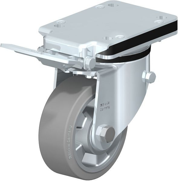 Blickle LK-ALEV 127K-IS-SG Stahlblech-Lenkrolle, schwere Ausführung, mit Anschraubplatte & Feststeller, Elastik-Vollgummi, Grau, 741293