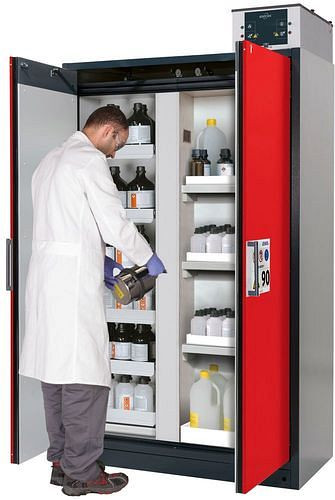 asecos Feuerbeständiger Gefahrstoffschrank Select, Mittelwand, Auszugswannen und Wannenböden, rot, 266832