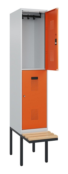 C+P Doppelstock-Spind Evolo PLUS, Bank, 2 Fächer, 2120x400x815mm, 7035/2004, Zylinderschloss, Sitzfläche Buche-Hartholz, 0493407-12 S10029