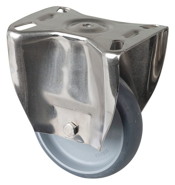 BS Rollen Edelstahl Transportrolle, Bockrolle, Breite 35 mm, Ø125 mm, bis 125 kg, Reifen thermoplastisch grau, Kunststoff, Gleitlager, Platte, H110.B43.126