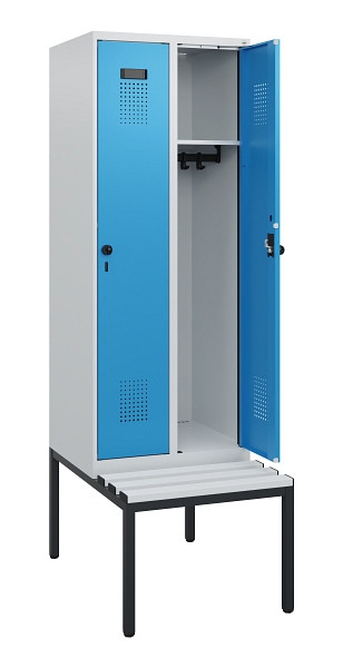 C+P Spind Evolo PLUS, 2 Abteile, 1950x600x815mm, 7035/5012, Drehriegel, Sitzfläche Kunststoff, Sitzbank, 0490505-20 S10061