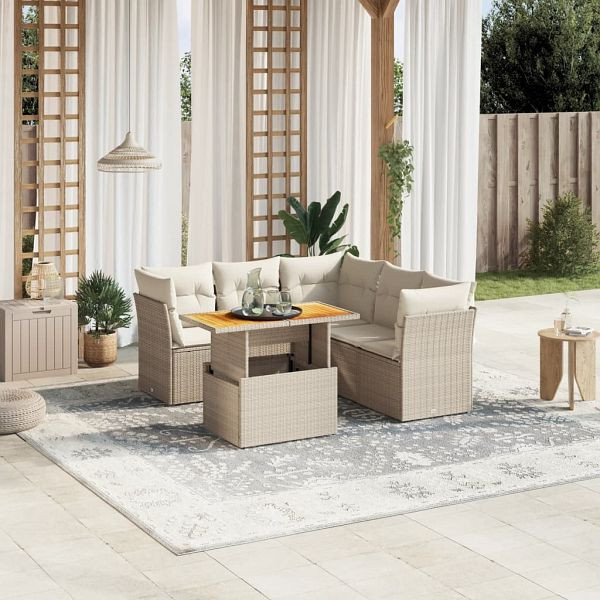 vidaXL 5-teilig Garten-Sofagarnitur mit Kissen Beige Poly Rattan, 3270827