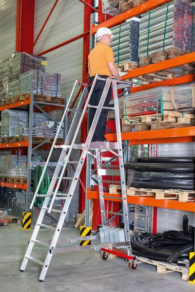 Euroline Aluminium-Podestleiter fahrbar mit 2 Festrollen, klappbar mit 8 Stufen, 3,08m Länge, 3277808