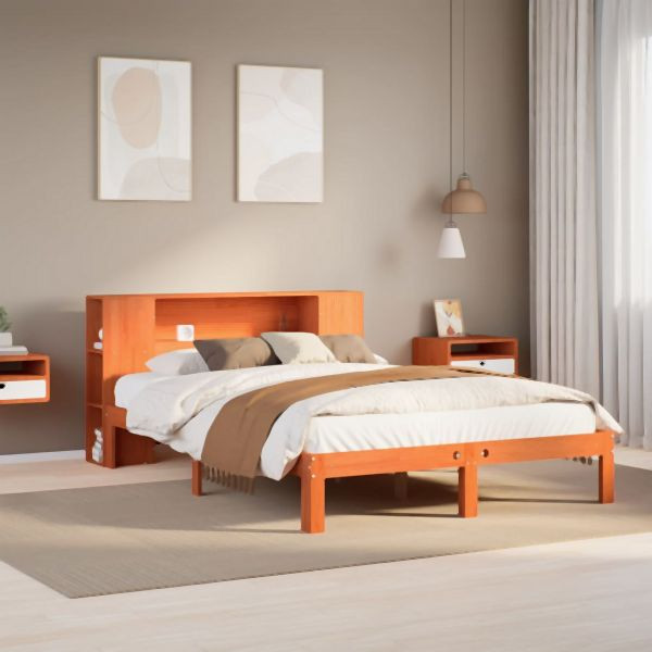 vidaXL Massivholzbett mit Regal ohne Matratze Wachsbraun 140x200 cm, 3322529