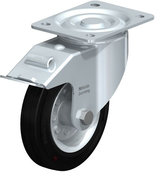 Blickle LI-VEHI 160R-FI Hitzebeständige Stahlblech-Lenkrolle mit Anschraubplatte & Feststeller, Vollgummi, Schwarz, 763581