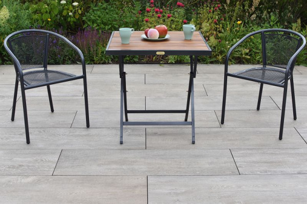 Merxx Delos Set 3-teilig, 2 Bistrosessel, stapelbar, Aluminium, 1 Tisch, klappbar, 70 x 70 cm, Stahlgestell, Tischplatte aus Akazienholz, 50188-217