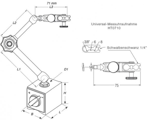 HoldTec Gelenkarm 130mm, Säule 2 und Querarm 1, HT2101