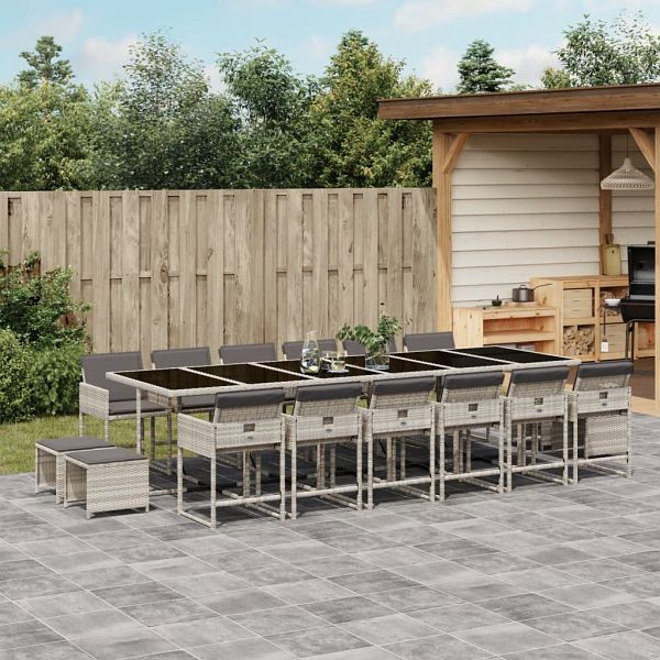 vidaXL 17-teilig Garten-Essgruppe mit Kissen Hellgrau Poly Rattan, 3211367