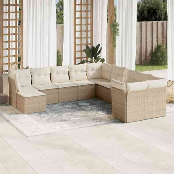vidaXL 11-tlg. Garten-Sofagarnitur mit Kissen Beige Poly Rattan, UV-beständig, 3250447
