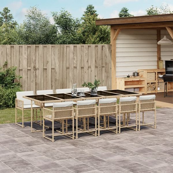 vidaXL 11-tlg. Garten-Essgruppe mit Kissen Beige Poly Rattan, 3211654