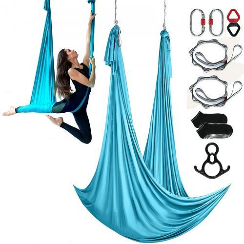 VEVOR Aerial Yoga Hängematte Set 10 x 2,8 m, Blau, Indoor 1000 kg Max, Tragfähigkeit, inkl. Socken & Stahlkarabiner & Alu-Drehgelenk, DCK10X28MQLSMTBOTV0