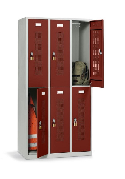 Deskin Doppelstöckiger Garderoben-Spind ohne Unterbau, Rubinrot RAL 3003, 870 x 500 x 1700 mm, 6 Abteile, Korpus: Lichtgrau RAL 7035, 331383