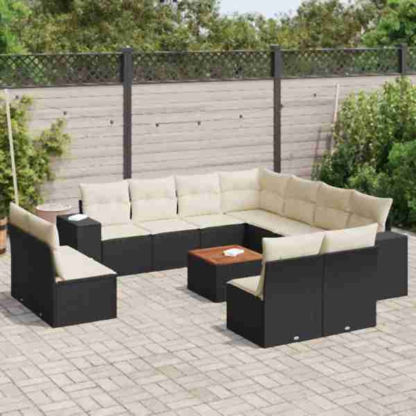 vidaXL 12-tlg. Garten-Sofagarnitur mit Kissen Schwarz Poly Rattan, UV-beständig, 3257834