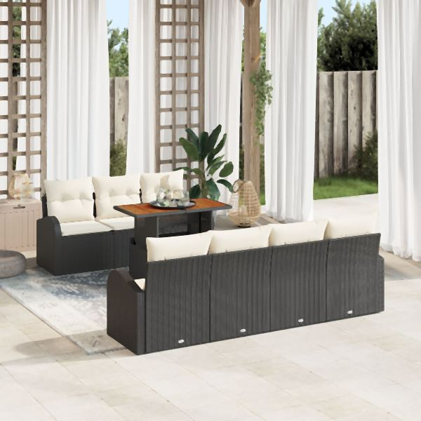 vidaXL 8-teiliges Garten-Ess-Set mit Kissen Schwarz Poly-Rattan Akazie, 3349543