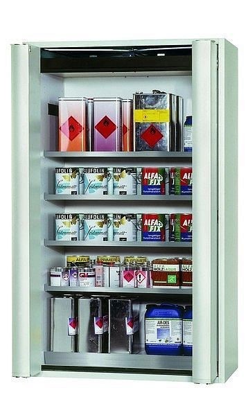 asecos Sicherheitsschrank S-PHOENIX Vol.2-90, S90.196.120.FDAC in lichtgrau RAL 7035 mit 4x Fachboden (Edelstahl), 30119-001-30136