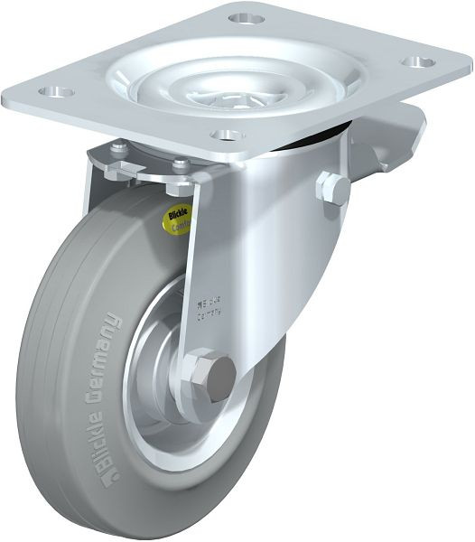 Blickle LK-RD 125R-3-ST-VLI Stahlblech-Lenkrolle, schwere Ausführung, mit Anschraubplatte & Feststeller, Zweikomponenten-Vollgummi, Grau, 455220