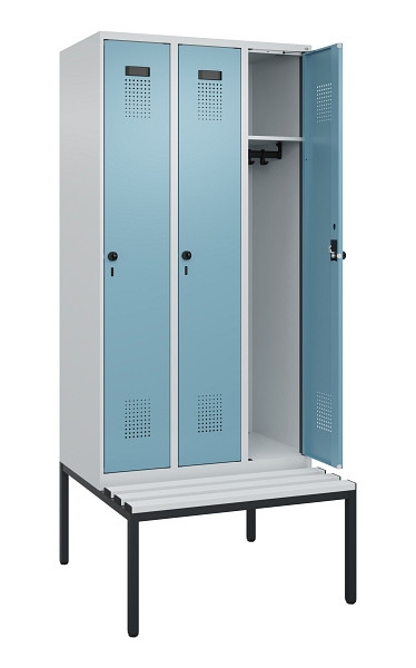 C+P Spind Evolo PLUS, 3 Abteile, 2120x900x815mm, 7035/0010, Haken 3, Drehriegel, Sitzfläche Kunststoff, Sitzbank, 0490507-30 S10063