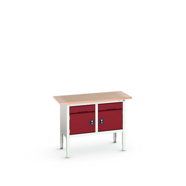 bott verso Kastenwerkbank (Multiplex-Platte) mit 2 Schubladen und 2 Türen, BxTxH: 1250 x 600 x 830 - 930 mm, Lichtgrau / Purpurrot, 16923001.24