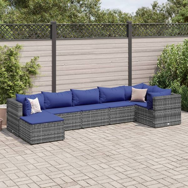 vidaXL 7-teilig Garten-Lounge-Set mit Kissen Grau Poly Rattan, 3308231