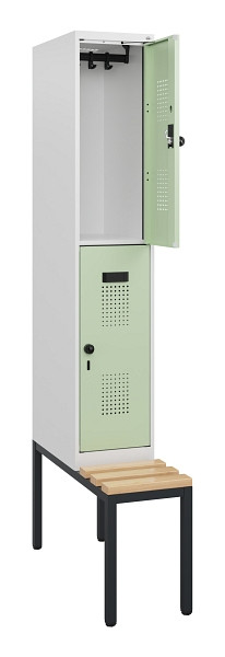 C+P Doppelstöckiger Spind Evolo PLUS, Bank, 2 Fächer, 1950x300x815mm, 9016/6019, Drehriegel, Sitzfläche Buche-Hartholz, Sitzbank, 0493505-10 S10021