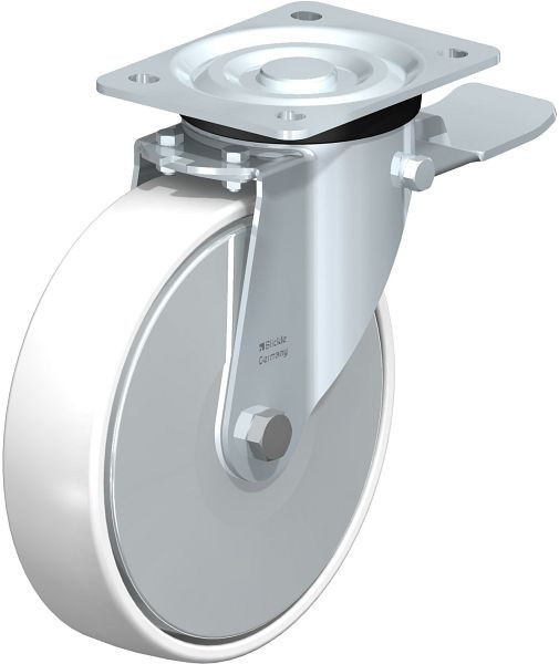 Blickle L-PPN 200R-ST-FA Stahlblech-Lenkrolle, mittelschwere Ausführung, mit Anschraubplatte & Feststeller, Polypropylen, Weiß, 762823