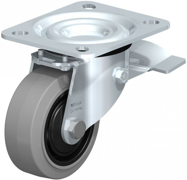 Blickle L-POEV 80KD-ST-SG Stahlblech-Lenkrolle, mittelschwere Ausführung, mit Anschraubplatte & Feststeller, Elastik-Vollgummi, Grau, 850476