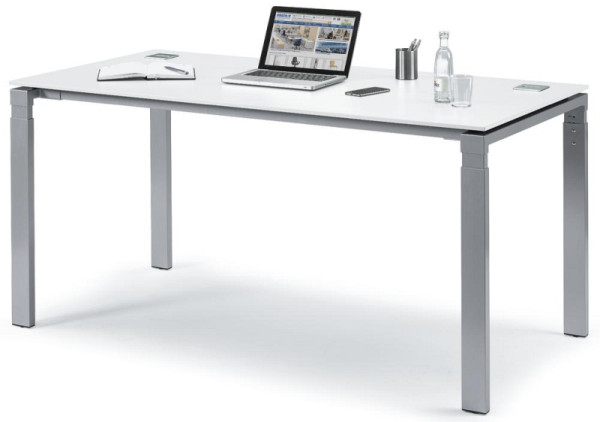Deskin Schreibtisch 4-Fuß Comfort EVO, Dekor weiß, Gestell Alusilber RAL 9006, B 1600 x T 800 x H 730-855 mm, 280670