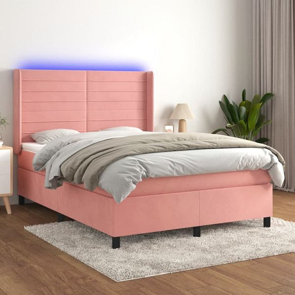 vidaXL Boxspringbett mit Matratze & LED Rosa 140x200 cm Samt, 3139630