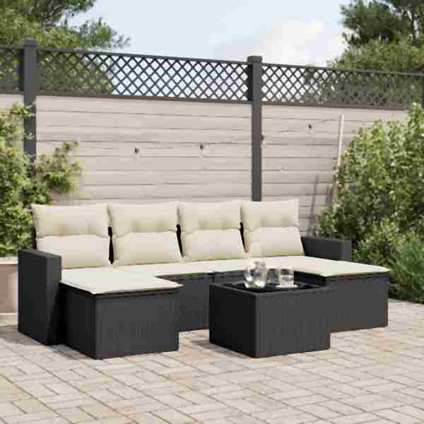 vidaXL 7-tlg. Garten-Sofagarnitur mit Kissen Schwarz Poly Rattan, UV-beständig, 3219316