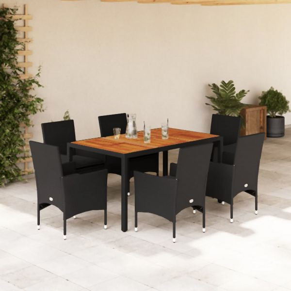 vidaXL 7-tlg. Garten-Essgruppe mit Kissen Schwarz Poly Rattan Akazie, 3278672