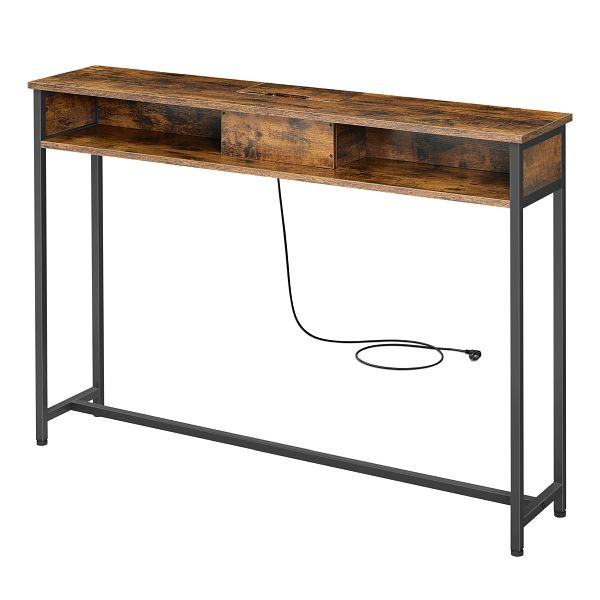 VASAGLE Schlanker Konsolentisch mit Steckdosen, Sofatisch mit 2 Fächern, verstecktes Beladen, 25 x 120 x 81 cm, rustikal braun und Schwarz, LNT111K01