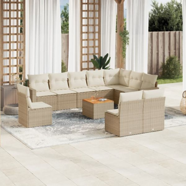 vidaXL 11-tlg. Garten-Sofagarnitur mit Kissen Beige Poly Rattan, 3224175