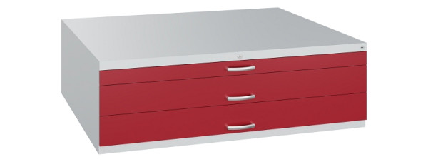 C+P Flachablageschrank Serie 7100_7200, H420xB1350xT960mm, 7035/3003, 2 Schubladenblenden doppelwandig, 7200-100 S10229