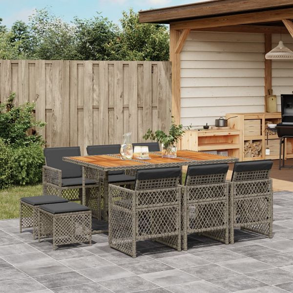 vidaXL 11-teilig Garten-Essgruppe mit Kissen Grau Poly Rattan, 3210794
