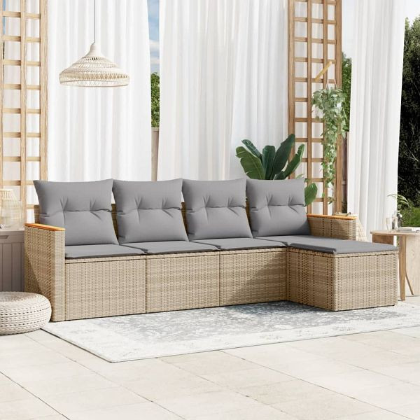 vidaXL 5-teilig Garten-Sofagarnitur mit Kissen Beige Poly Rattan, 3225919