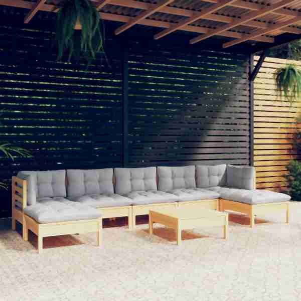 vidaXL 8-tlg. Garten-Lounge-Set mit Grauen Kissen Kiefernholz, 3097096
