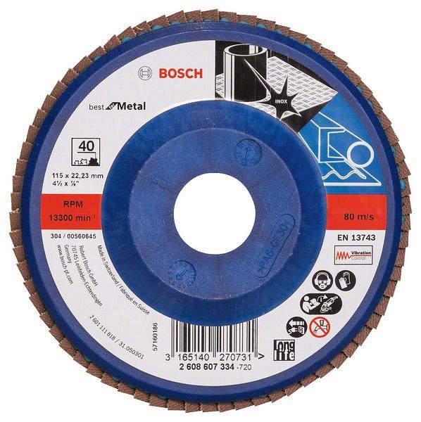 Bosch Fächerschleifscheibe X571 Best for Metal, gerade, 115 mm, 40, Kunststoff, VE: 10 Stück, 2608607334