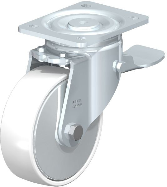 Blickle LH-PO 150G-ST-FA Stahlblech-Lenkrolle, Schwerlast-Ausführung, mit Anschraubplatte & Feststeller, Polyamid, Weiß, 102574