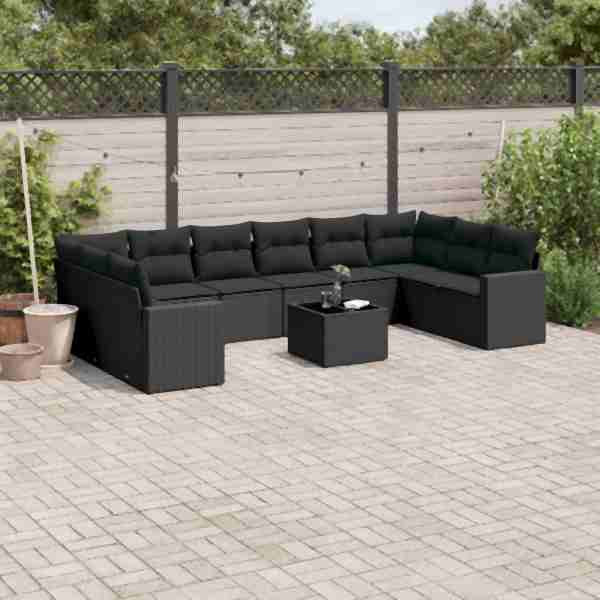 vidaXL 11-tlg. Garten-Sofagarnitur mit Kissen Schwarz Poly Rattan, UV-beständig, 3219465