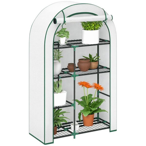 Outsunny Mini-Gewächshaus, 4-stufiges Gewächshaus mit Kunststoff-Plane, tragbar, Rolltür, 100 x 45 x 160 cm, Weiß, 84H-222V00WT