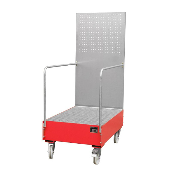 STEIN HGS Fahrbare Auffangwanne mit Lochplattenwand LPW, 215 Liter, RAL 3000 feuerrot, Höhe 2015mm, lackiert, 2x200 Liter Fass, Breite 800mm, 79205.0014
