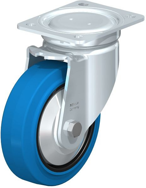 Blickle LU-POEV 160KD-SB-FA Stahlblech-Lenkrolle, schwere, geschlossene Ausführung, mit Anschraubplatte, Elastik-Vollgummi, Blau, 851583