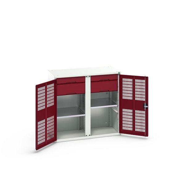 bott verso Garderobenschrank mit Belüftung, mit 2 Fachböden, 4 Schubladem, Trennwand, BxTxH: 1050 x 550 x 1000 mm, Lichtgrau / Purpurrot, 16926764.24